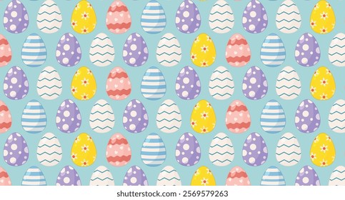 Seamless  Easter seasonal spring holiday pattern with colorful Easter eggs on blue background. Easter repeat pattern for decoration and print. Horizontal Easter cute repetition pattern. Egg hunt game.