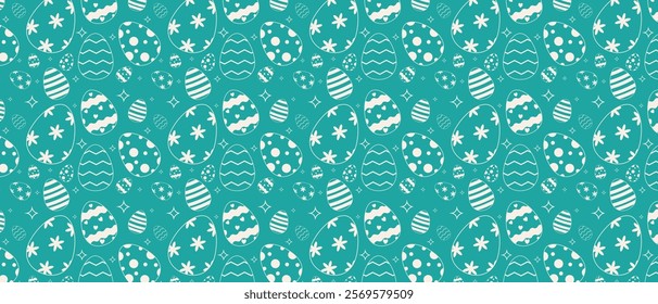 Seamless Easter seasonal spring holiday pattern with white ornate Easter eggs. Easter repeat pattern for decoration and print. Horizontal Easter cute repetition pattern. Egg hunt game.