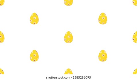 Seamless Easter seasonal spring holiday pattern with yellow Easter eggs. Easter repeat pattern for decoration and print. Horizontal Easter cute repetition pattern. Egg hunt game.