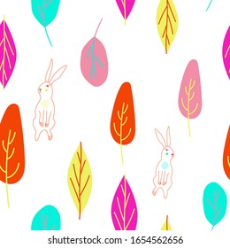 Hojas coloridas de la primavera sin inmueble, hojas de color, patrón de mano, ilustración vectorial de fondo blanco.Diseño de tela de moda de papel pintado para envolver papel o publicidad o diseño estacionario.
