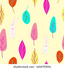 Seamless easter spring bunny colorful leaves hand drawn pattern stock vector illustration lemon background.Trendy fabric design textile wallpaper wrapping paper or advertising or stationary design.
