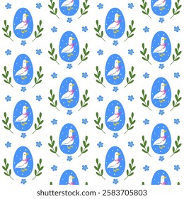 Seamless Easter or spring vector pattern with cute white goose in blue egg, decorated sprigs and flowers. Print for children textile, pack, fabric, wallpaper, wrapping.
