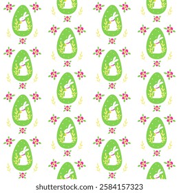 Seamless Easter or spring vector pattern with cute white rabbit in green egg, decorated sprigs and flowers. Print for children textile, pack, fabric, wallpaper, wrapping.
