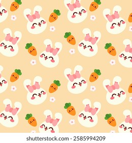 A seamless Easter themed pattern featuring cute bunnies with pink bows, smiling carrots, and small flowers on a soft pastel background.