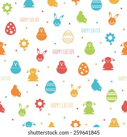 seamless easter themed pattern with rabbits, eggs and baby chicks