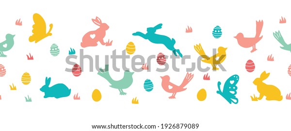 Seamless Easter vector border with bunnies
butterflies and birds. Repeating horizontal pattern Easter rabbit
and eggs silhouettes. Cute border for cards, fabric trim, footer,
header, divider,
ribbons.