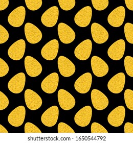 Seamless easter vector pattern with big flat eggs in golden glitter on black background, shine gold sprinkles effect texture