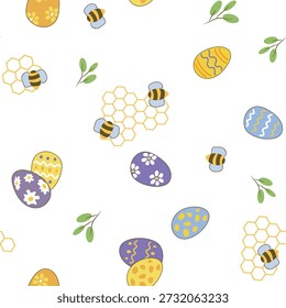 Patrón de Vector de Pascua sin fisuras con huevos decorativos pintados, abejas voladoras, Formas de nido de abeja y hojas de primavera sobre fondo blanco limpio