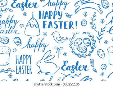 Seamless Easter Vector pattern with hand drawn cake, eggs, bunny. Ink brush calligraphy inscription.
