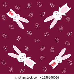 Seamless Easter vector pattern with rabbits and eggs on pompadour background. 