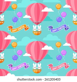 Seamless Eastern background with cute bunnies in hot air balloon