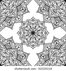 Seamless, eastern, graphic pattern of mandalas on a white background. Vector elegance ornament. Stylized template for embroidery.