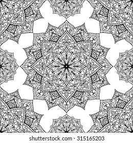 Seamless, eastern, graphic pattern of mandalas on a white background. Vector elegance ornament. Template for any surface. Stylized template for embroidery.