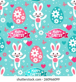 Seamless Eastern pattern with cute white bunnies, Easter eggs,ribbons, flowers and butterflies