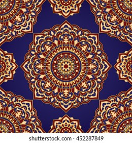 Seamless, eastern pattern of mandalas on a blue background. Vector elegance ornament. Design for any surface. Stylized template for carpet.