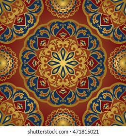 Seamless eastern pattern of mandalas on a red background. Vector elegance ornament. Design for any surface. Stylized template for carpet.