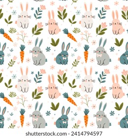 Seamless eastern pattern with rabbit, flowers and carrot. Pastel cute gentle style, texture  backgound  vector illustration for textile or fabric