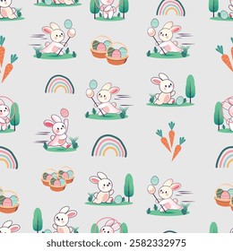 Seamless Easter-themed pattern featuring playful bunnies with eggs, colorful rainbows, carrots, and baskets of eggs on a light gray background. Perfect for seasonal designs.