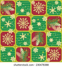 Seamless (easy to repeat) Christmas, winter or New Year background with fir tree branches, cones and snowflakes (swatch, wallpaper, tile, print, texture, repeat pattern or rapport) 