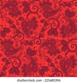 Seamless (easy to repeat) paisley pattern background (swatch, wallpaper, tile, print, texture) of red Christmas colors 