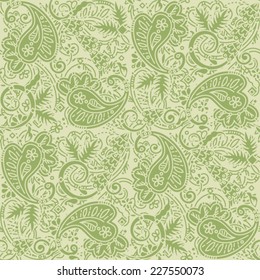 Seamless (easy to repeat) paisley pattern background (swatch, wallpaper, tile, print, texture), tan and green 