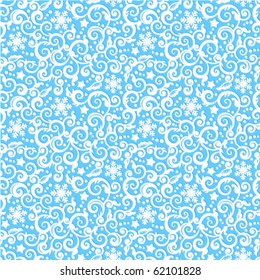 Seamless (easy to repeat) white and blue Christmas, winter or New Year vector swirly pattern (background, wallpaper)