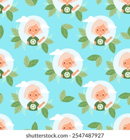 Seamless Eco friendly pattern. Happy girl blonde in fashionable clothes from recycled materials on blue background with leaves. Vector illustration. Recycle, sustainable fashion and environmental care