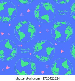 Seamless eco pattern with motivational hand lettering Save the Planet. Suitable for a social banner about saving the Earth. Bright illustration in a flat style.