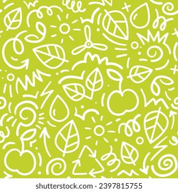 Seamless eco pattern on green background, doodle style, hand drawn