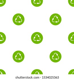 Seamless eco pattern. Three arrows with leaves eco recycle. reuse ornament on white background. Green flat vector wallpaper. Leaf ecology circle symbol