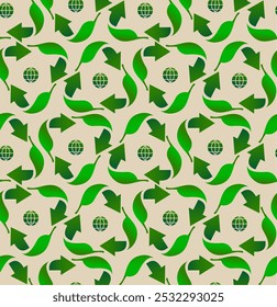 Seamless eco vector pattern. Three arrows eco green recycle. Template reuse ornament seamless pattern background. Green flat vector wallpaper. Ecology circle around the planet symbol.