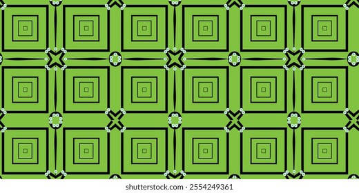 A seamless eco-friendly geometric pattern in green tones featuring square and circular elements, great for environmental and sustainable projects.