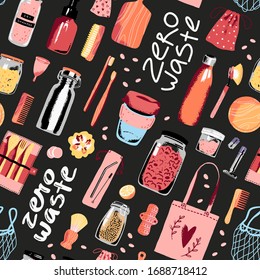 Seamless Eco-friendly Pattern with zero waste items. Stainless reusable bottle, cotton pouches, bamboo brush, luffa, keep cup, shopping bag on black background.