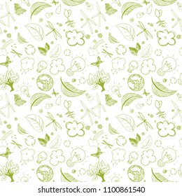 Seamless ecologic green doodles full vector illustrations