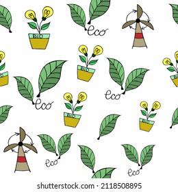 seamless ecological pattern for nature conservation, electricity, with green leaves. for printing packages, leaflets, on fabric, in diary. icons Ecology, Nature, Energy. for your design.