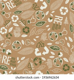 Seamless ecology signs on cardboard vector texture. Earth day abstract background