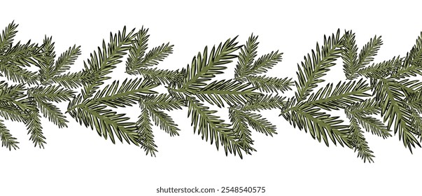 Borde de borde sin costuras, diseño de la cinta de Navidades rama de abeto verde con agujas, Ilustración vectorial dibujada a mano