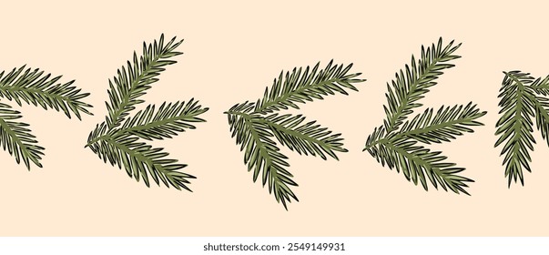 Seamless edging border, Christmas ribbon design green fir branch with needles, hand drawn vector illustration