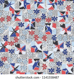 A seamless editable abstract pattern composed of star-broken squares and symbolic flowers.
There is a background texture consisting of bent lines.