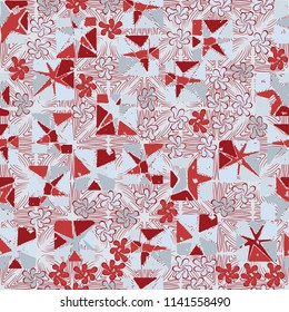 A seamless editable abstract pattern composed of star-broken squares and symbolic flowers.
There is a background texture consisting of bent lines.