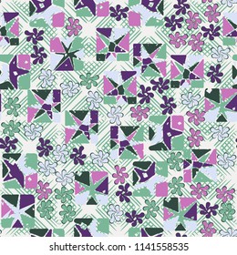 A seamless editable abstract pattern composed of star-broken squares and symbolic flowers.
There is a background texture made up of waffle diamonds.