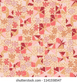 A seamless editable abstract pattern composed of star-broken squares and symbolic flowers.
There is a background texture made up of squares drawn by spray.