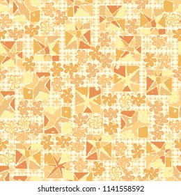 A seamless editable abstract pattern composed of star-broken squares and symbolic flowers.
There is a background texture made up of cross-shaped elements and petals.