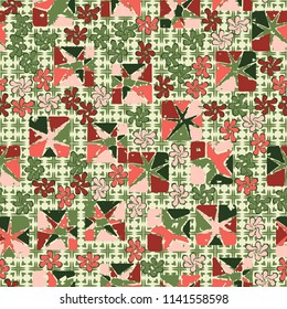 A seamless editable abstract pattern composed of star-broken squares and symbolic flowers.
There is a background texture made up of cross-shaped elements and petals.