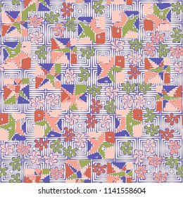 A seamless editable abstract pattern composed of star-broken squares and symbolic flowers.
There is a background texture made up of concentric squares.