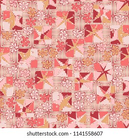 A seamless editable abstract pattern composed of star-broken squares and symbolic flowers.
There is a background texture made up of concentric squares.