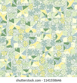 A seamless editable abstract pattern composed of star-broken squares and symbolic flowers.
There is a background texture composed of openwork quadrilateral compositions.