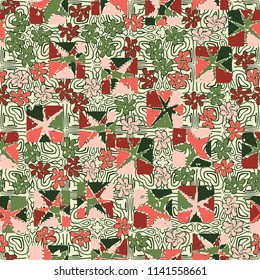 A seamless editable abstract pattern composed of star-broken squares and symbolic flowers.
There is a background texture composed of openwork quadrilateral compositions.