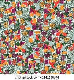 A seamless editable abstract pattern composed of star-broken squares and symbolic flowers.
There is a background texture made up of four-sided faceted figures.
