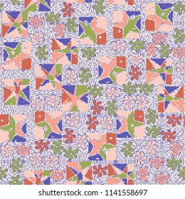 A seamless editable abstract pattern composed of star-broken squares and symbolic flowers.
There is a background texture similar to beech boards.
